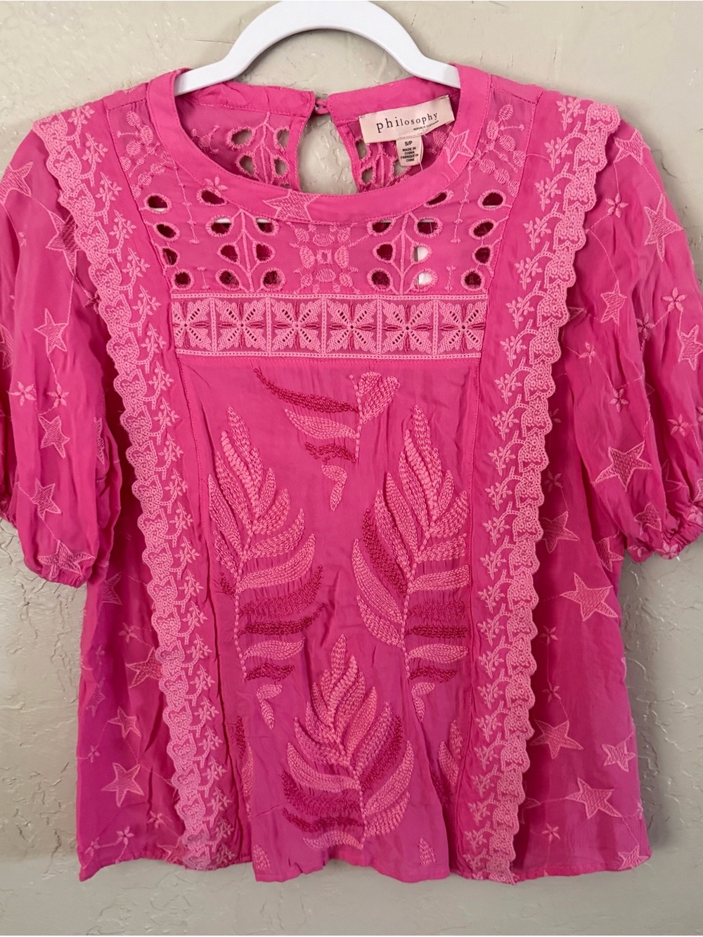 Philosophy Hot Pink Embroidered Cutwork Women's Blouse